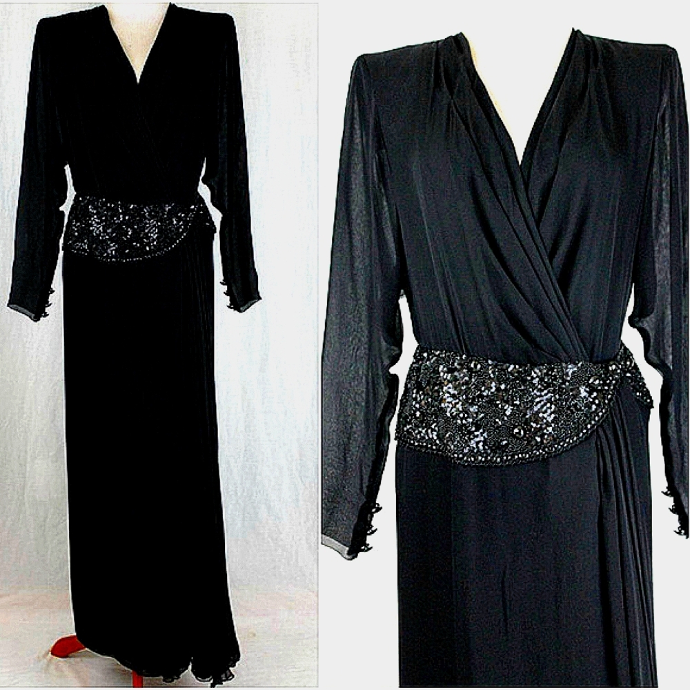 Rare Odicini Couture Hand-Beaded Silk Gown Long-Sleeved Made Italy Size 8 / 42